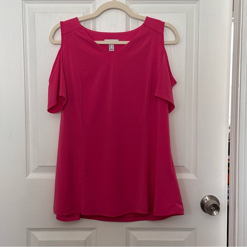 Women’s Susan Graver Fuchsia (Hot Pink) Short Sleeve Cold-Shoulder Top Sz:M EUC